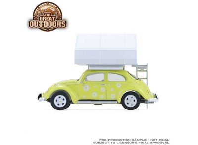 1:64 Greenlight - Classic Volkswagen Beetle *Flower Power* with Camp'otel Cartop Sleeper Tent *The Great Outdoors Series 4*,yellow