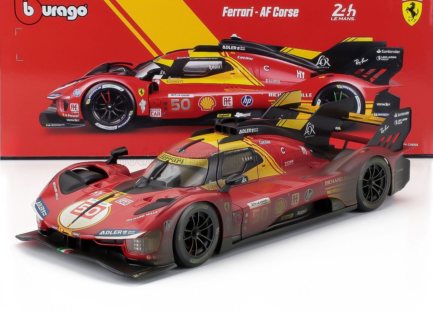 1:18 Bburago - Ferrari 499P 3.0L Turbo V6 Team ferrari AF Corse #50 Winner 24h le mans 2024 a. Fuoco - M. Molina - N. Nielson *After Race Version*