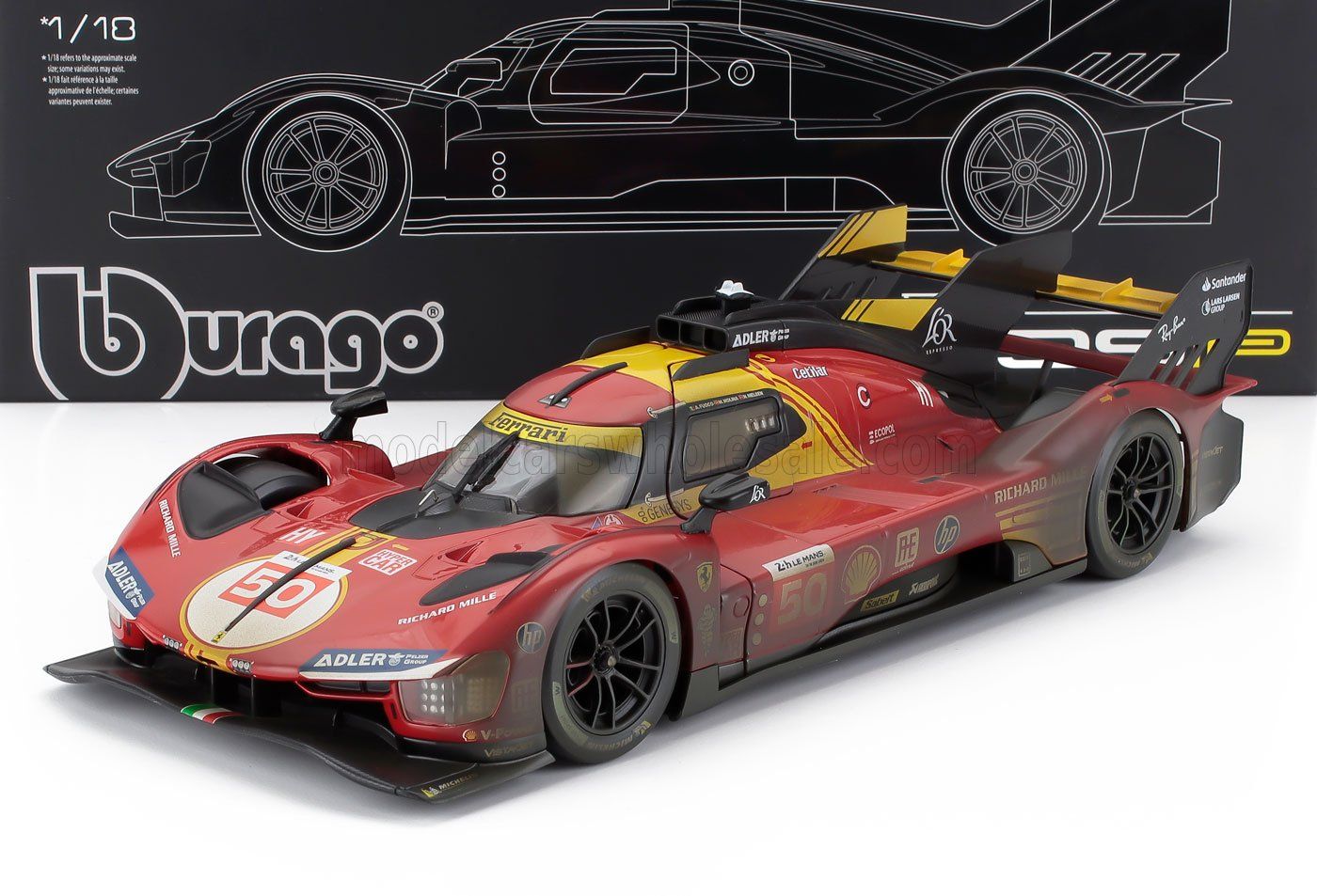 1:18 Bburago - Ferrari 499P 3.0L Turbo V6 Team ferrari AF Corse #50 Winner 24h le mans 2024 a. Fuoco - M. Molina - N. Nielson *After Race Version* *Mit Vitrine*