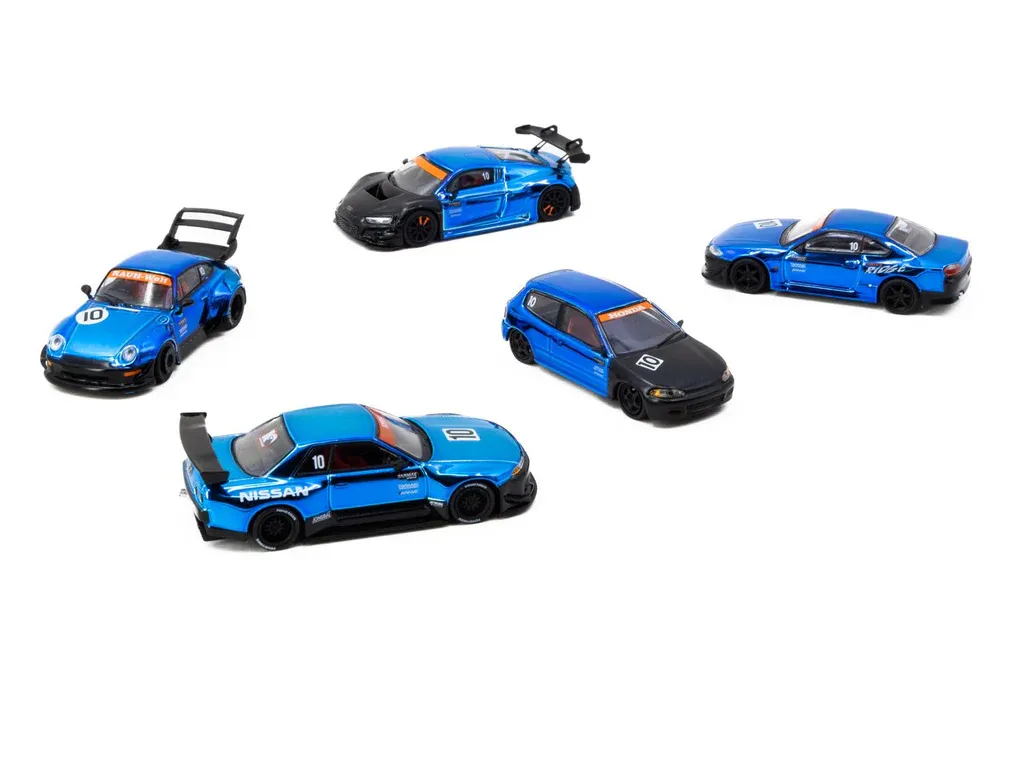 1:64 Tarmac - Tarmac Works 10th Anniversary Box Set, 5 Model Cars + Trading Cards Combo Set, black/blue *Tarmac Cards*
