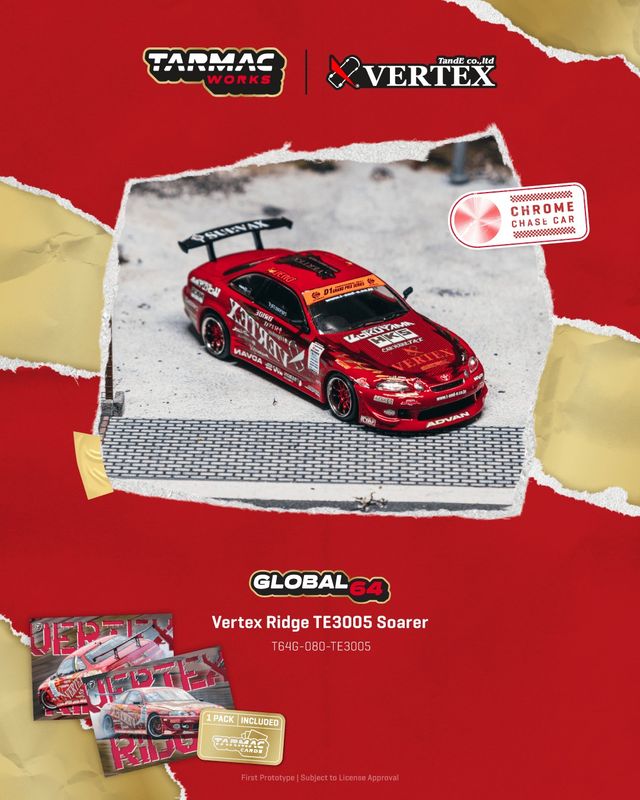 1:64 Tarmac - Vertex Ridge TE3005 Soarer, red *Tarmac Cards* 1:64 Tarmac - Vertex Ridge TE3005 Soarer, red *Tarmac Cards*