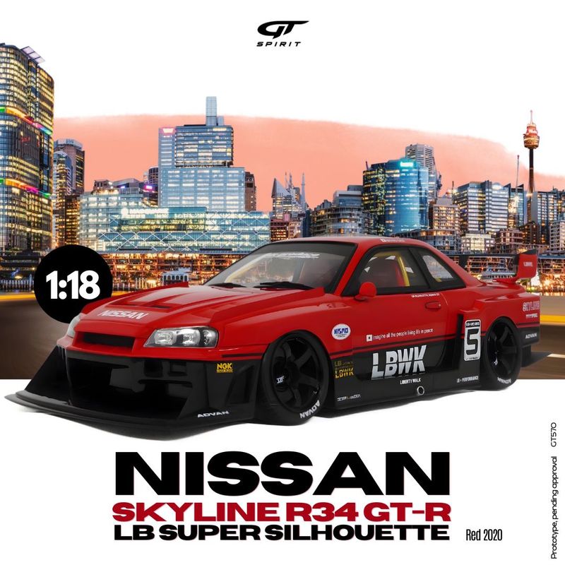 1:18 GT Spirit - 2020 Nissan GT-R R34 LB Super Silouette Red Black 1:18 GT Spirit - 2020 Nissan GT-R R34 LB Super Silouette Red Black