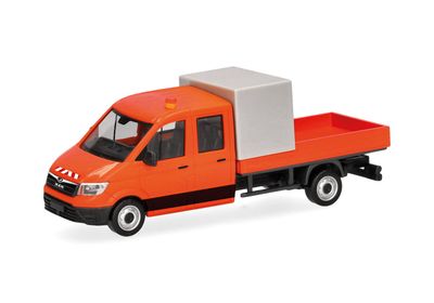 1:87 Herpa - MAN TGE Doppelkabine mit Pritsche und Halbplane Baustellenabsicherung, kommunalorange 1:87 Herpa - MAN TGE Doppelkabine mit Pritsche und Halbplane Baustellenabsicherung, kommunalorange