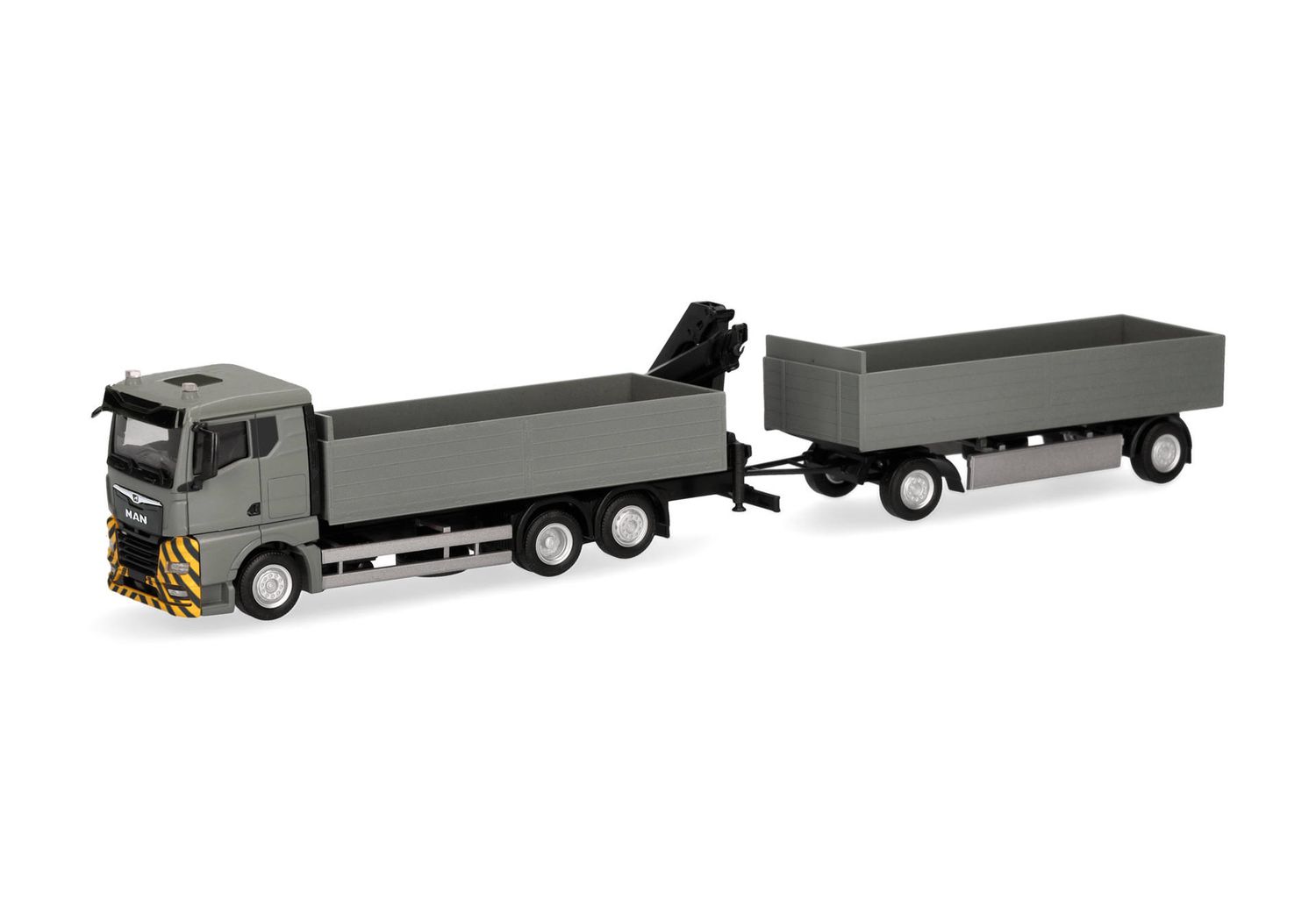 1:87 Herpa - MAN TGX GN Pritschen-Hängerzug mit Ladekran, grau/gelb