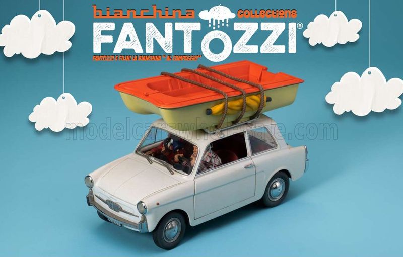 1:18 CLC Models - Autobianchi 4-Sitzer mit Fantozzi & Filini, mit einem Boot aus dem Film *Fantozzi Subisce Ancora (1983)
