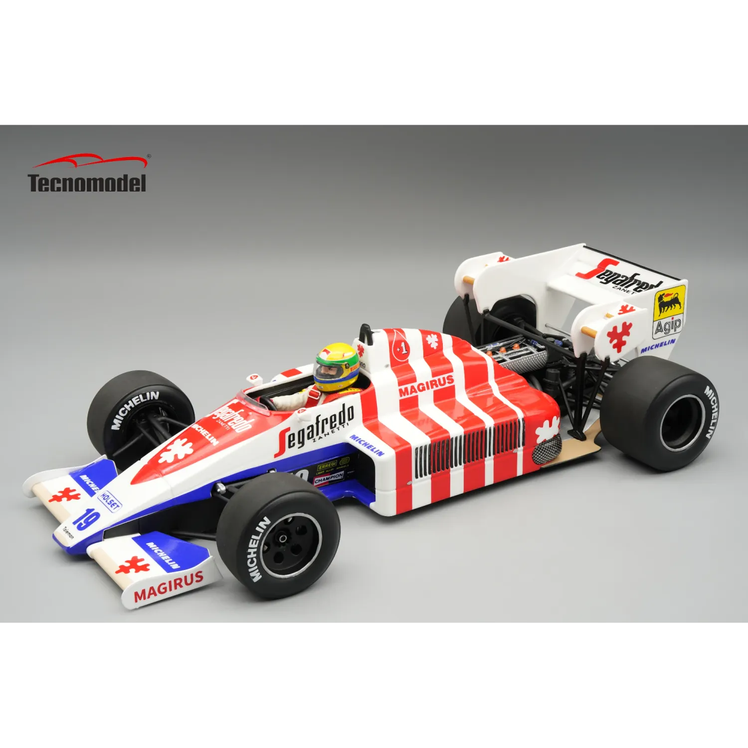 1:18 Tecnomodel - Toleman F1 TG184 Hart Turbo #19 3rd Portugal GP 1984 A. Senna *With Driver Figure*