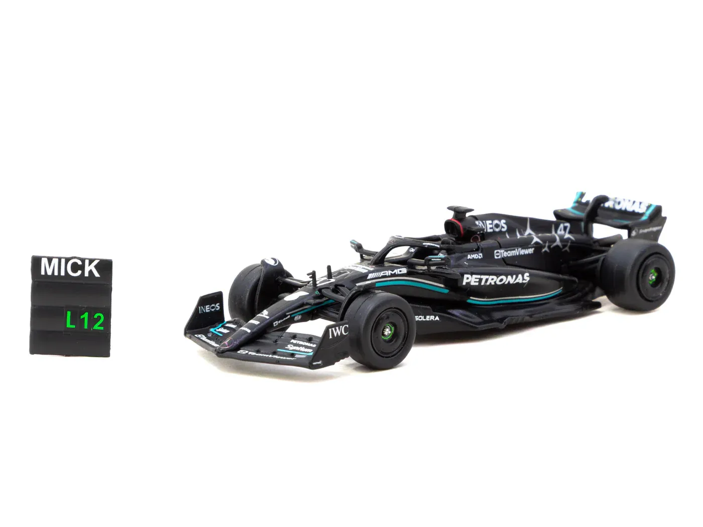 1:64 Tarmac - 2023 Mercedes-AMG F1 W14 E Performance Mick Schumacher Spanish Grand Prix Tyre Testing with pit board 1:64 Tarmac - 2023 Mercedes-AMG F1 W14 E Performance Mick Schumacher Spanish Grand Prix Tyre Testing with pit board