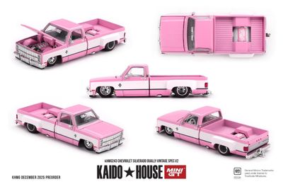 1:64 Mini GT - Chevrolet Silverado Dually Vintage Spec V2 Rosa 1:64 Mini GT - Chevrolet Silverado Dually Vintage Spec V2 Rosa
