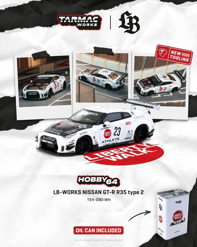 1:64 Tarmac - 2025 Nissan GT-R (R35) LB Works Type 2 White Athlete X Collect in a LB Limited Tin Can