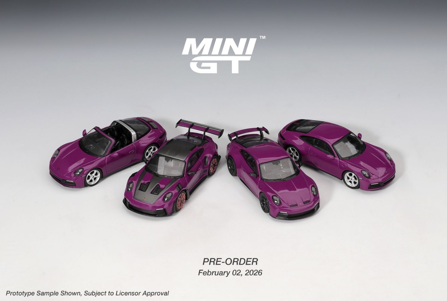 1:64 Mini GT - 2025 Porsche 911 (992) Rubystone red 4 car set, purple