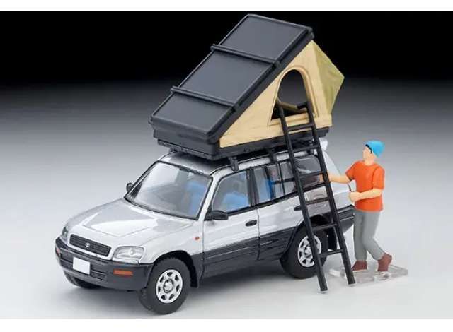 1:64 Tomica Limited Vintage - Toyota RAV4J V with tent and figure, silver 1:64 Tomica Limited Vintage - Toyota RAV4J V with tent and figure, silver