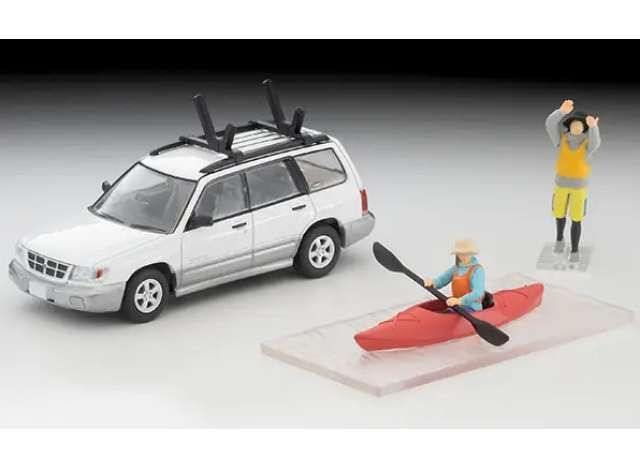 1:64 Tomica Limited Vintage - Subaru Forester Custom with kayak and figure, white/silver