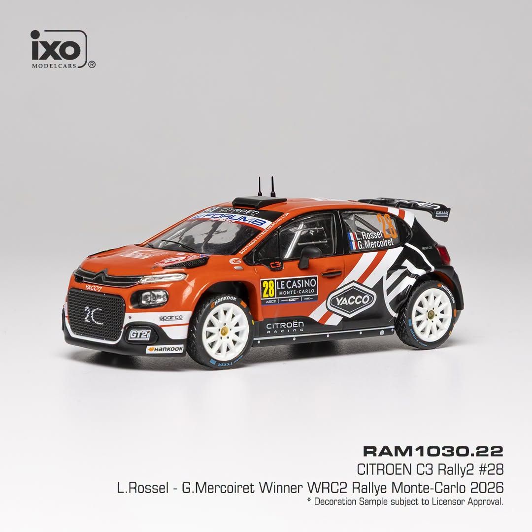 1:43 Ixo - Citroen C3 Rally2, Rallye Monte Carlo, 2026, #20, L. Rossel / G. Mercoiret 1:43 Ixo - Citroen C3 Rally2, Rallye Monte Carlo, 2026, #20, L. Rossel / G. Mercoiret