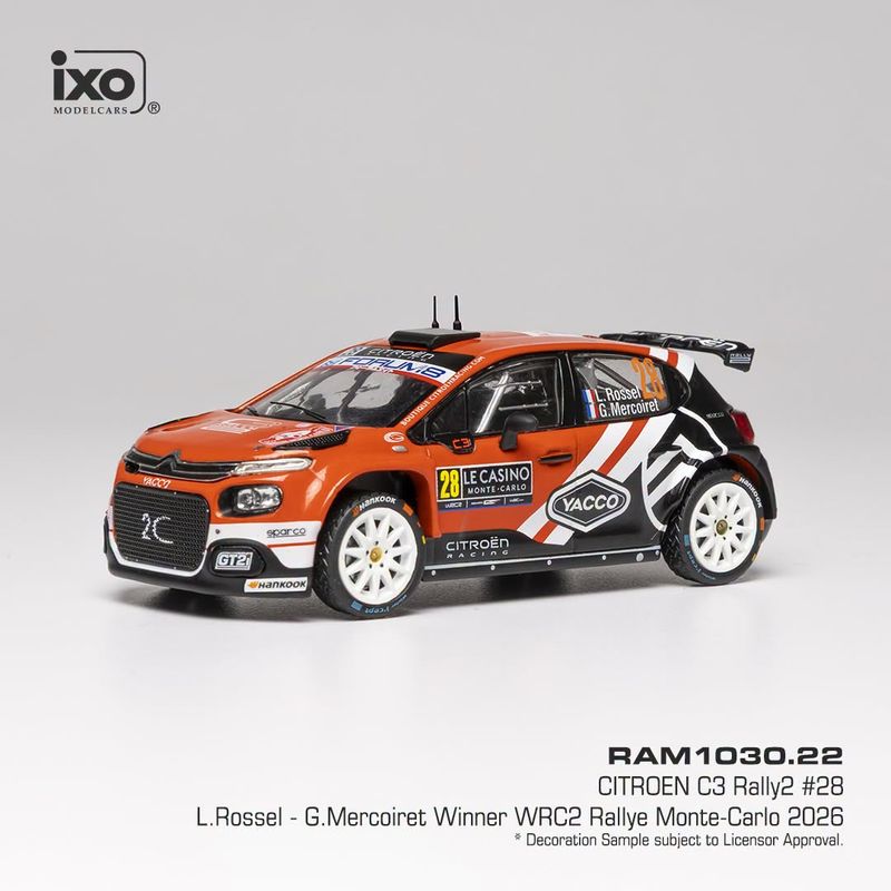 1:43 Ixo - Citroen C3 Rally2, Rallye Monte Carlo, 2026, #20, L. Rossel / G. Mercoiret 1:43 Ixo - Citroen C3 Rally2, Rallye Monte Carlo, 2026, #20, L. Rossel / G. Mercoiret