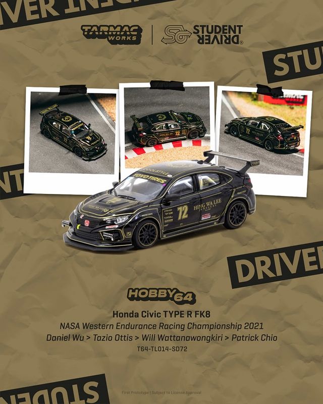 1:64 Tarmac - 2021 Honda Civic Type R FK8 Black Nasa Western Endurance Racing Championship