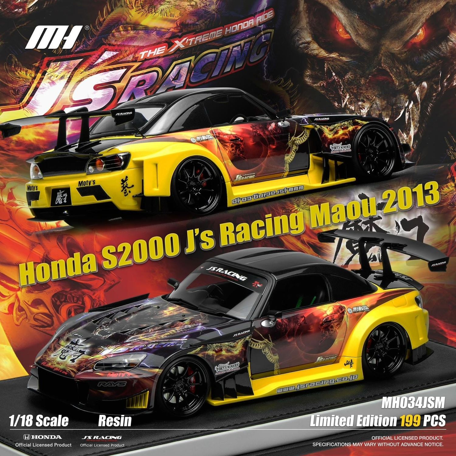 1:18 Motorhelix - 2013 Honda S2000 Spider Hard-Top Closed J's Racing Maou - Black Yellow