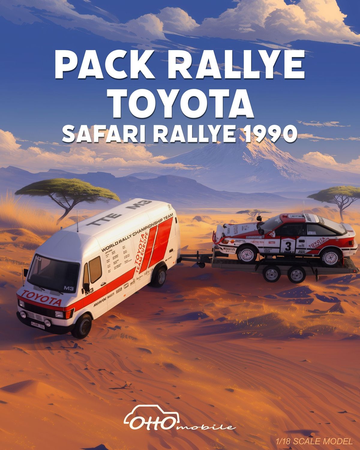 1:18 Otto Mobile - Toyota Rally Set Celica GT-Four ST165 (Night Version) #3 Winner Safari Rally 1990 B. Waldegard - F. Gallagher + Mercedes Benz 208D Van Assistance Team Toyota 1988 With Trailer