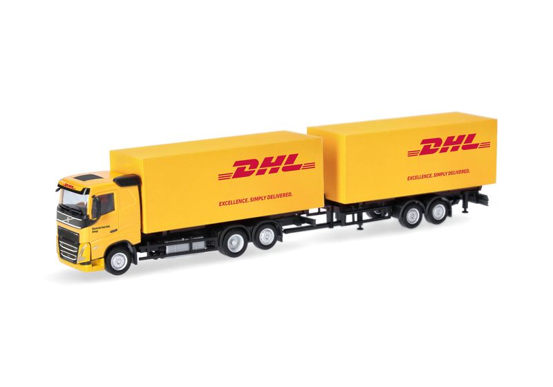 1:87 Herpa - Volvo FH Flachdach 2020 Wechselkoffertandem-Hängerzug 1:87 Herpa - Volvo FH Flachdach 2020 Wechselkoffertandem-Hängerzug "DHL"