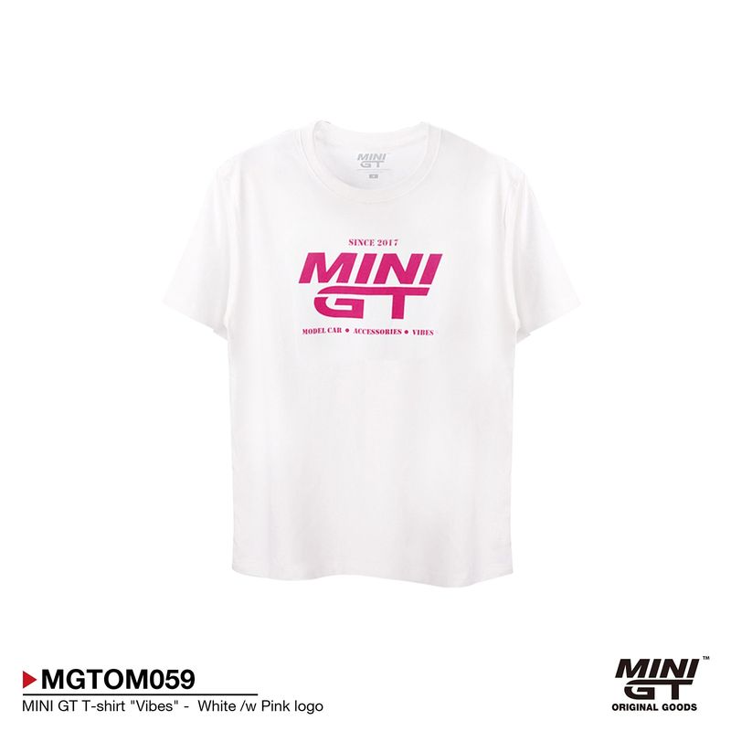 Mini GT Merchandise - MINI GT T-shirt *Vibes*, white with pink logo *Lady size: XXS* Mini GT Merchandise - MINI GT T-shirt *Vibes*, white with pink logo *Lady size: XXS*