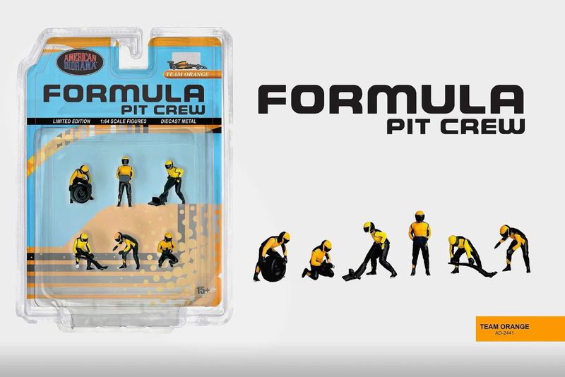 1:64 American Diorama - Formula Pit Crew Figures *Team Orange* 1:64 American Diorama - Formula Pit Crew Figures *Team Orange*