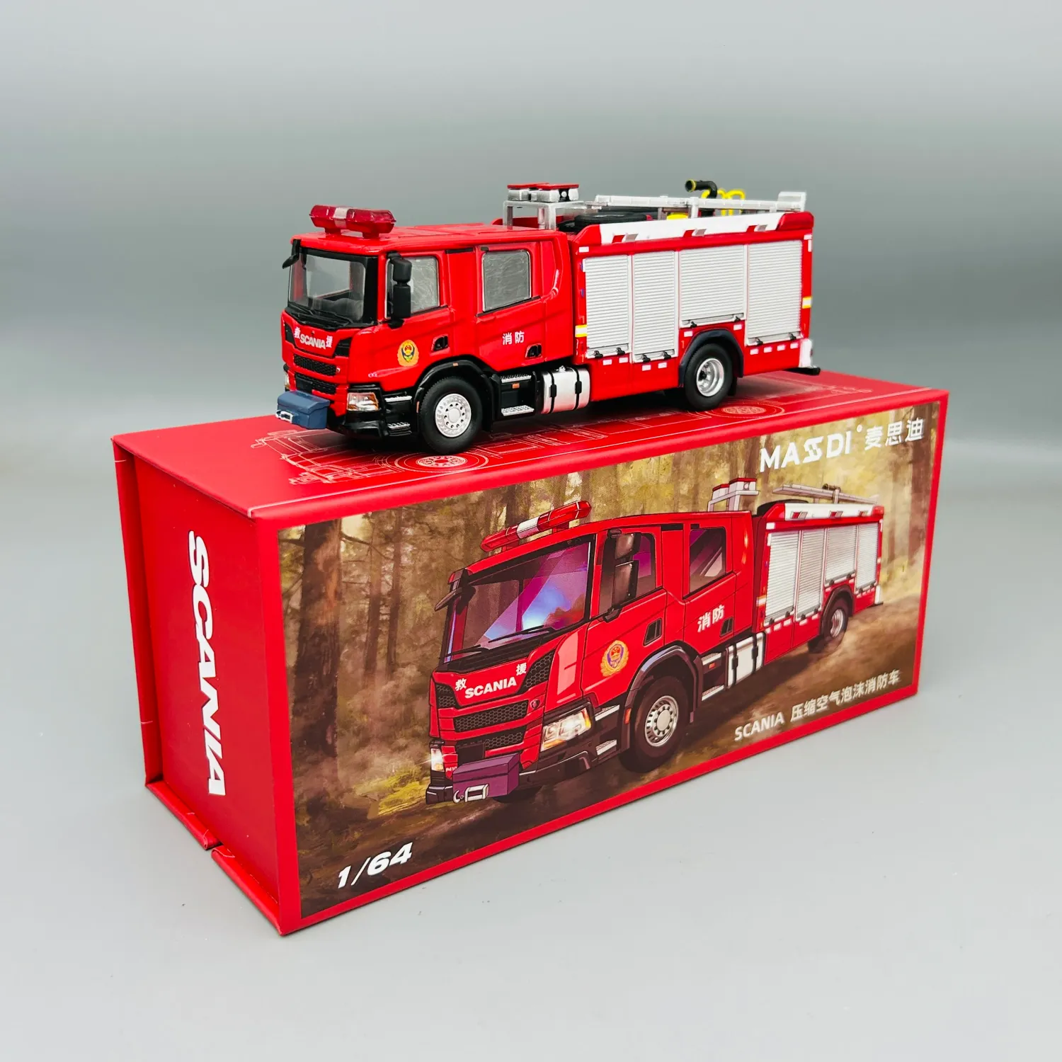 1:64 Massdi Diecast - Scania Compressed Air Foam Fire Truck, red