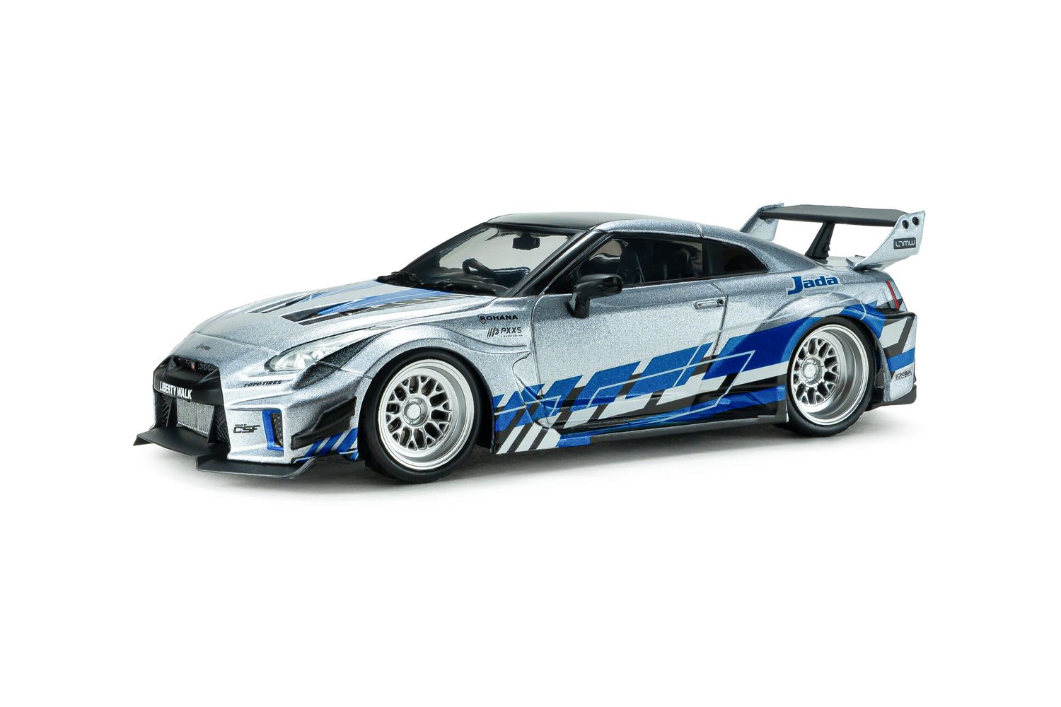 1:43 Solido - 2020 Nissan GT-R R35 Liberty Walk Silhouette Silver Blue Stripes