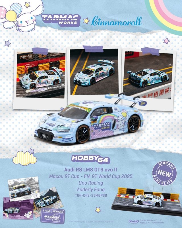 1:64 Tarmac - 2025 Audi R8 LMS GT3 EVO II #36 Uno Racing Macau GT with Diorama and Card *Tarmac Cards*