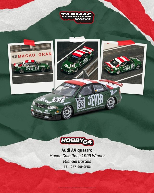 1:64 Tarmac - 1999 Audi A4 (B5) Quattro Macau Guia Race 1999 Winner #53 Michael Bartels Macau Guia Race Winner