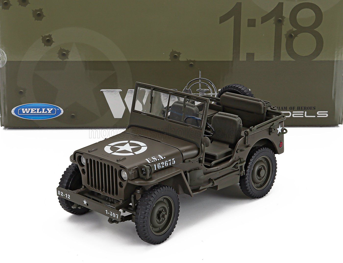 1:18 Welly - 1942 Jeep Willys 1/4 MB Army Open Military Green