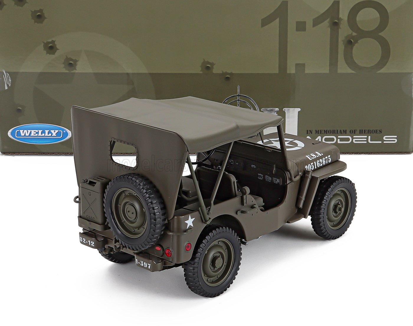 1:18 Welly - 1945 Jeep Willys 1/4 MB Army Soft-Top Closed Military Green