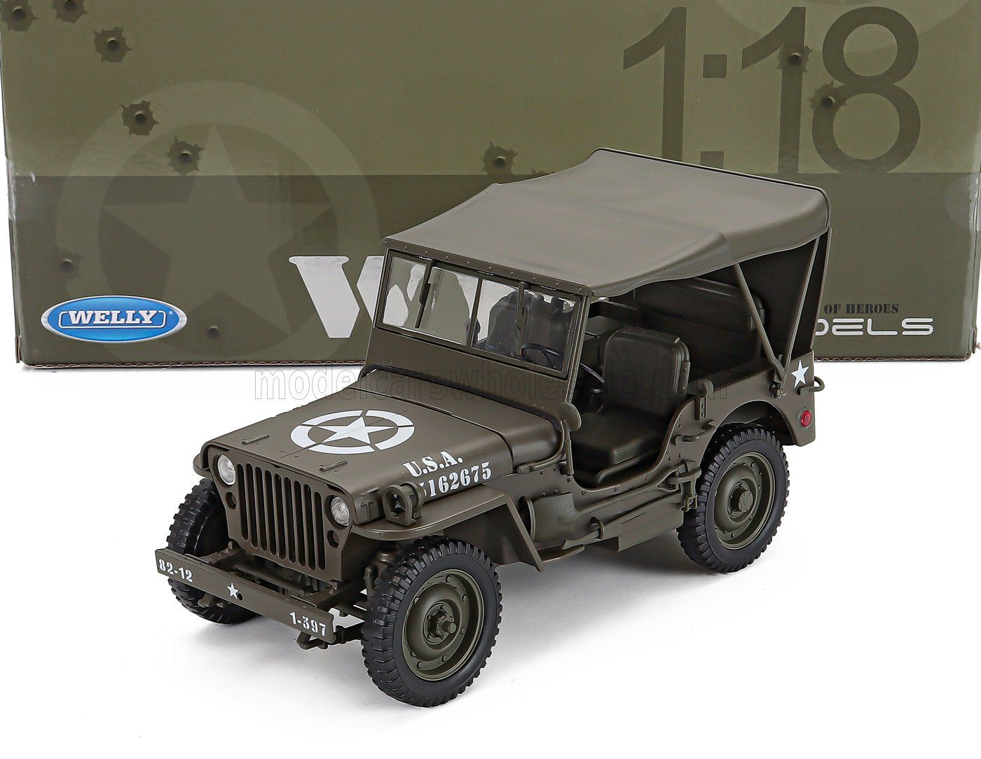 1:18 Welly - 1945 Jeep Willys 1/4 MB Army Soft-Top Closed Military Green