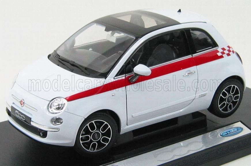 1:18 Welly - 2007 Fiat 500 Side Red Stripes White