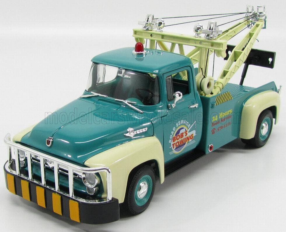 1:18 Welly - 1956 Ford F-100 Pick-Up Tow Truck Bob's Towing Road Service Green Cream