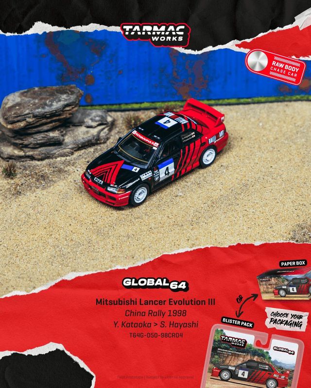 1:64 Tarmac - 1998 Mitsubishi Lancer EVO III WRC #4 Yoshihiro Kataoka China Rally *Blister*