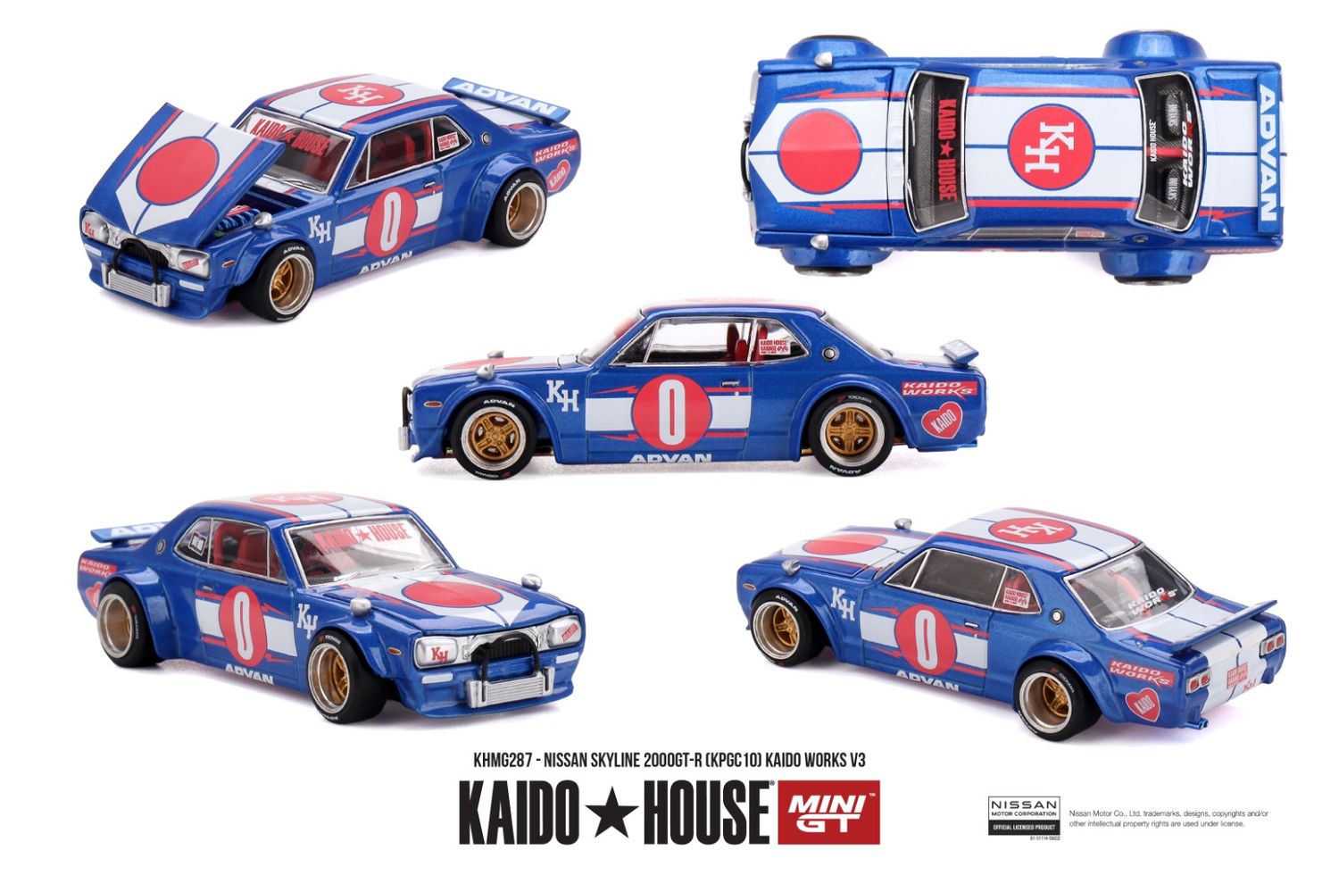 1:64 Mini GT - 1969 Nissan Skyline 2000GT-R (KPGC10) Kaido Works V3, blue/red/white