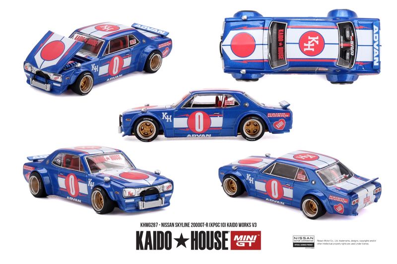 1:64 Mini GT - 1969 Nissan Skyline 2000GT-R (KPGC10) Kaido Works V3, blue/red/white