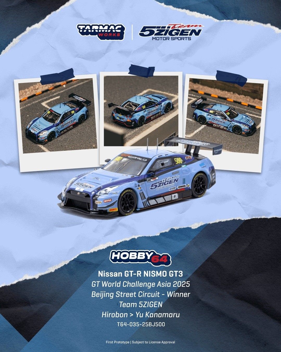 1:64 Tarmac - 2025 Nissan GT-R R35 Nismo GT3 #500 Hirobon/Yu Kanamaru Beijing Street Circuit Winner Team 5Zigen GT World Challenge Asia