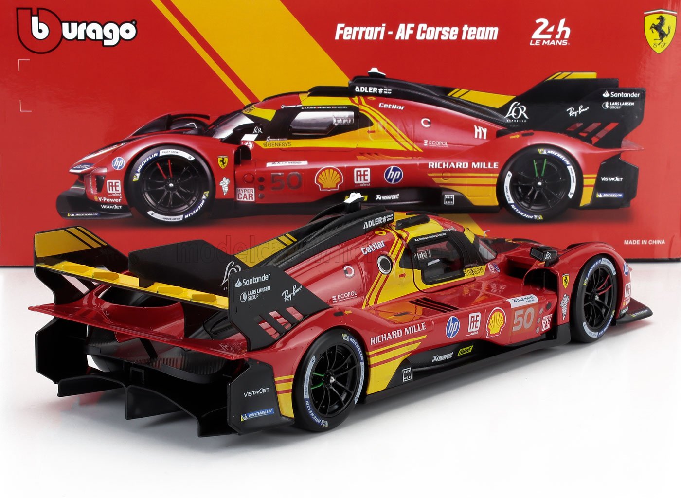 1:18 Bburago - Ferrari 499P 3.0L Turbo V6 Team Ferrari AF Corse #50 Winner 24h Le Mans 2024 A. Fuoco - M. Molina - N. Nielsen