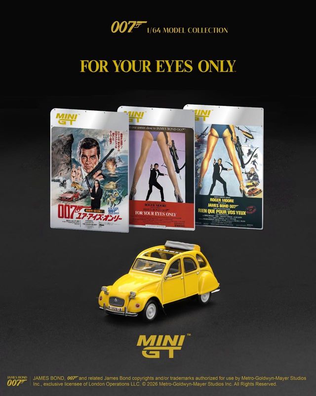 1:64 Mini GT - 1981 Citroen 2CV *For Your Eyes Only* Japanese Blister Packaging, yellow