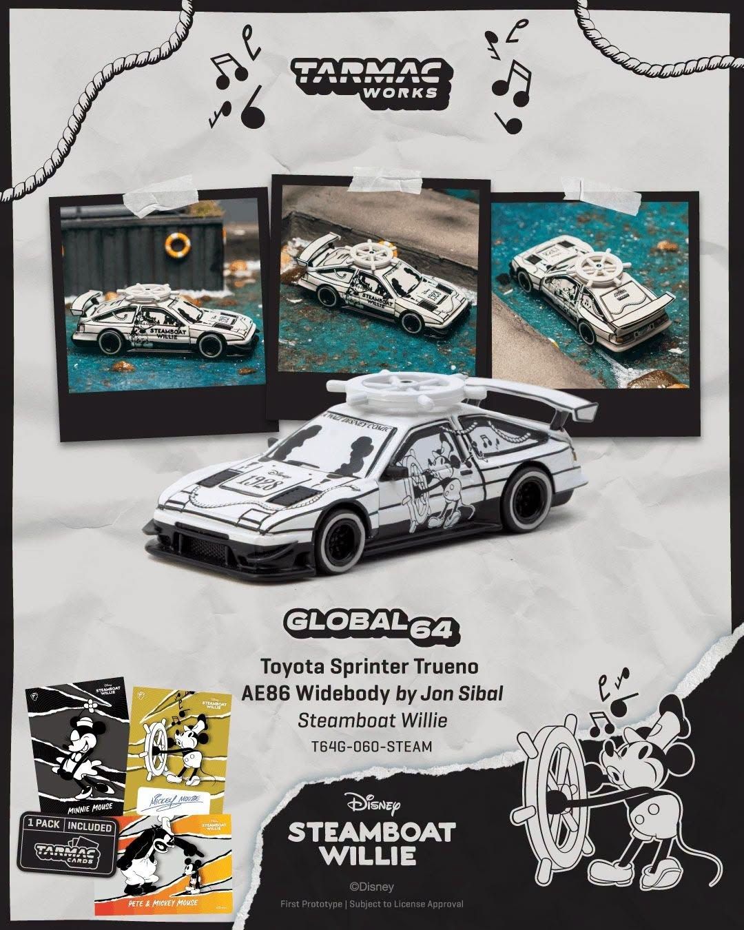 1:64 Tarmac - Toyota Sprinter Trueno AE86 Widebody by Jon Sibal *Mickey & Friends Steamboat Willie* *Tarmac Cards*