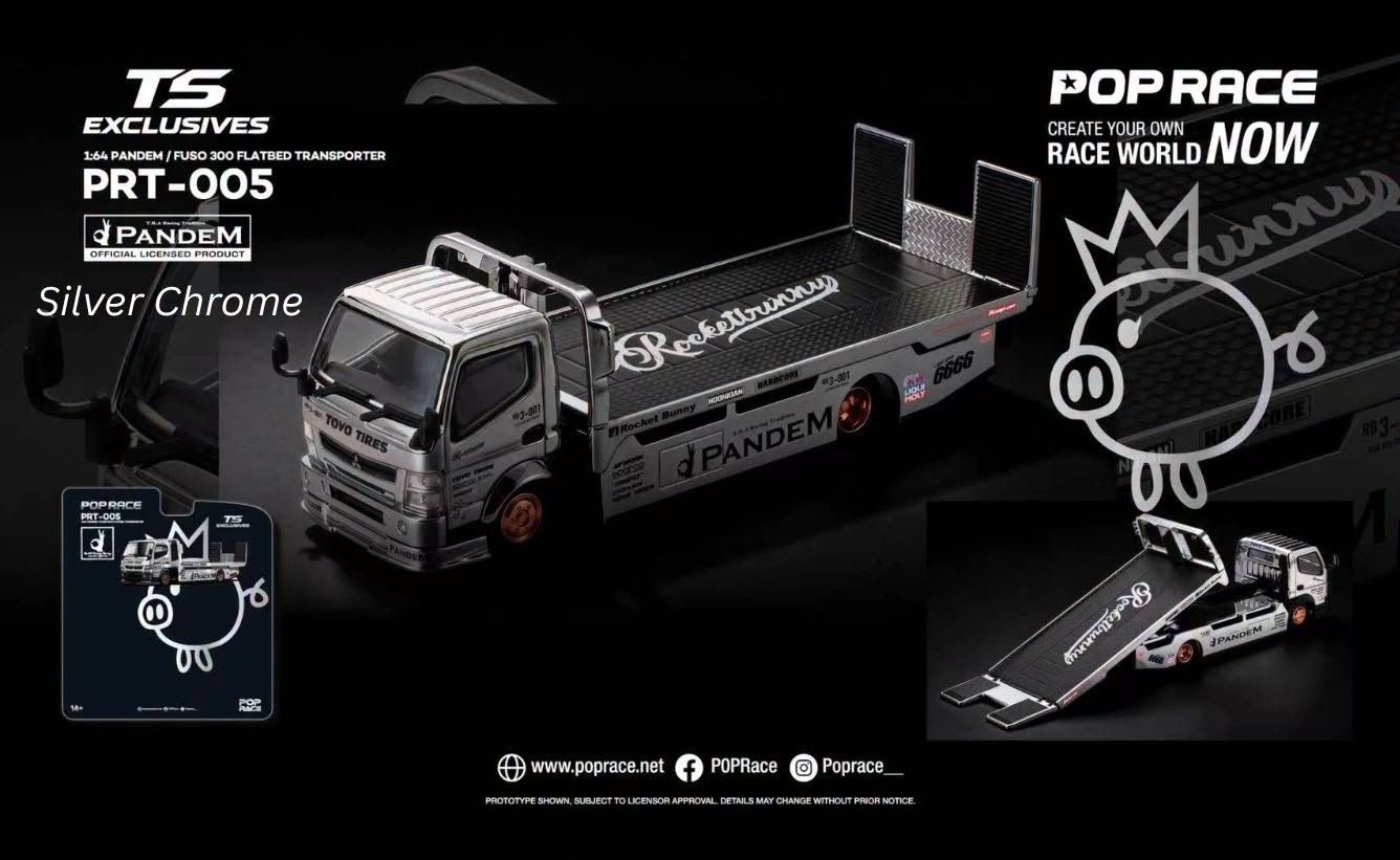 1:64 Pop Race Limited - Pandem Fuso 300 Flatbad Transporter *Tokyo Station Exclusives*, silver chrome