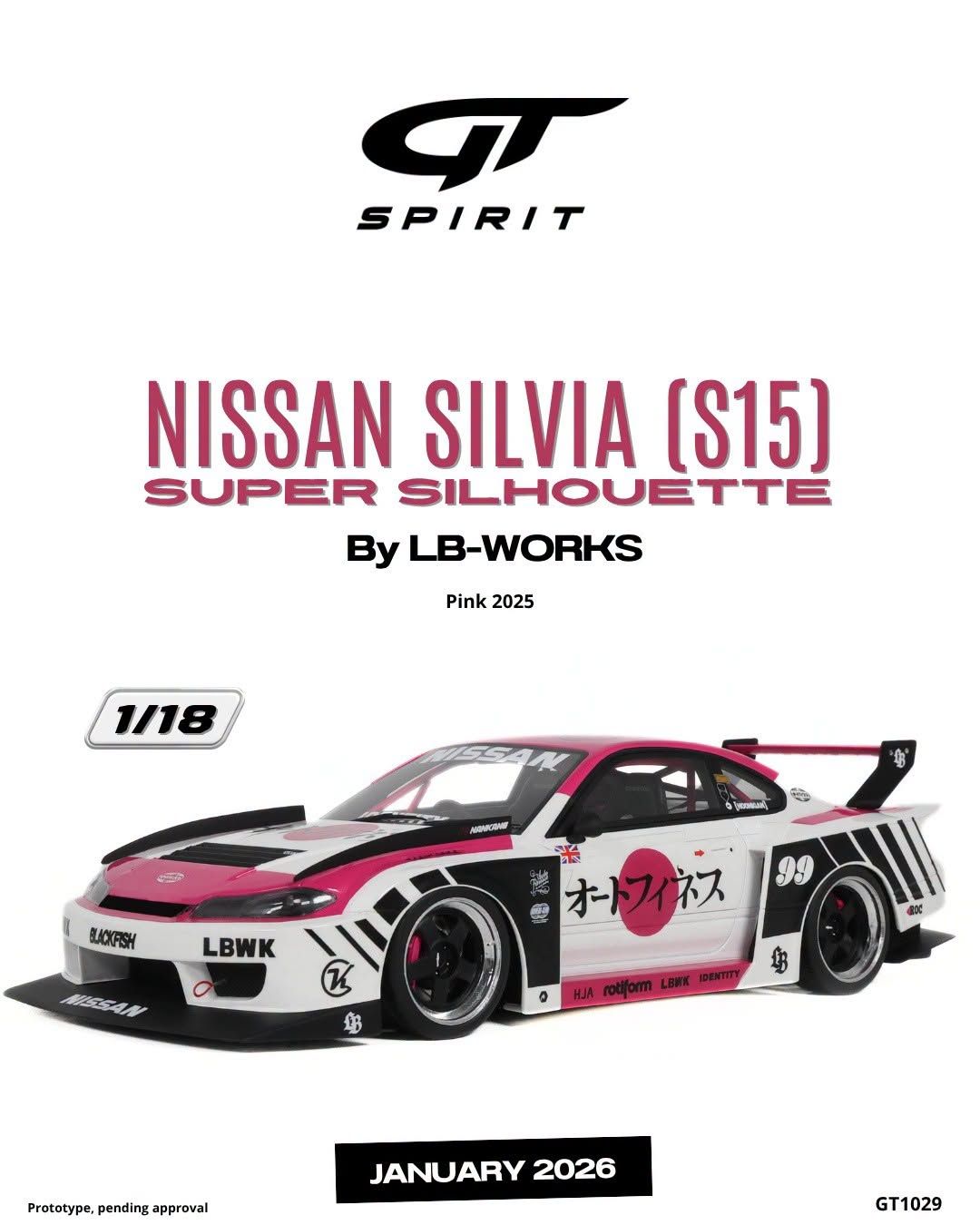 1:18 GT Spirit - 2025 Nissan Silvia (S15) Coupe #99 LB Super Silhouette White/Black/Pink
