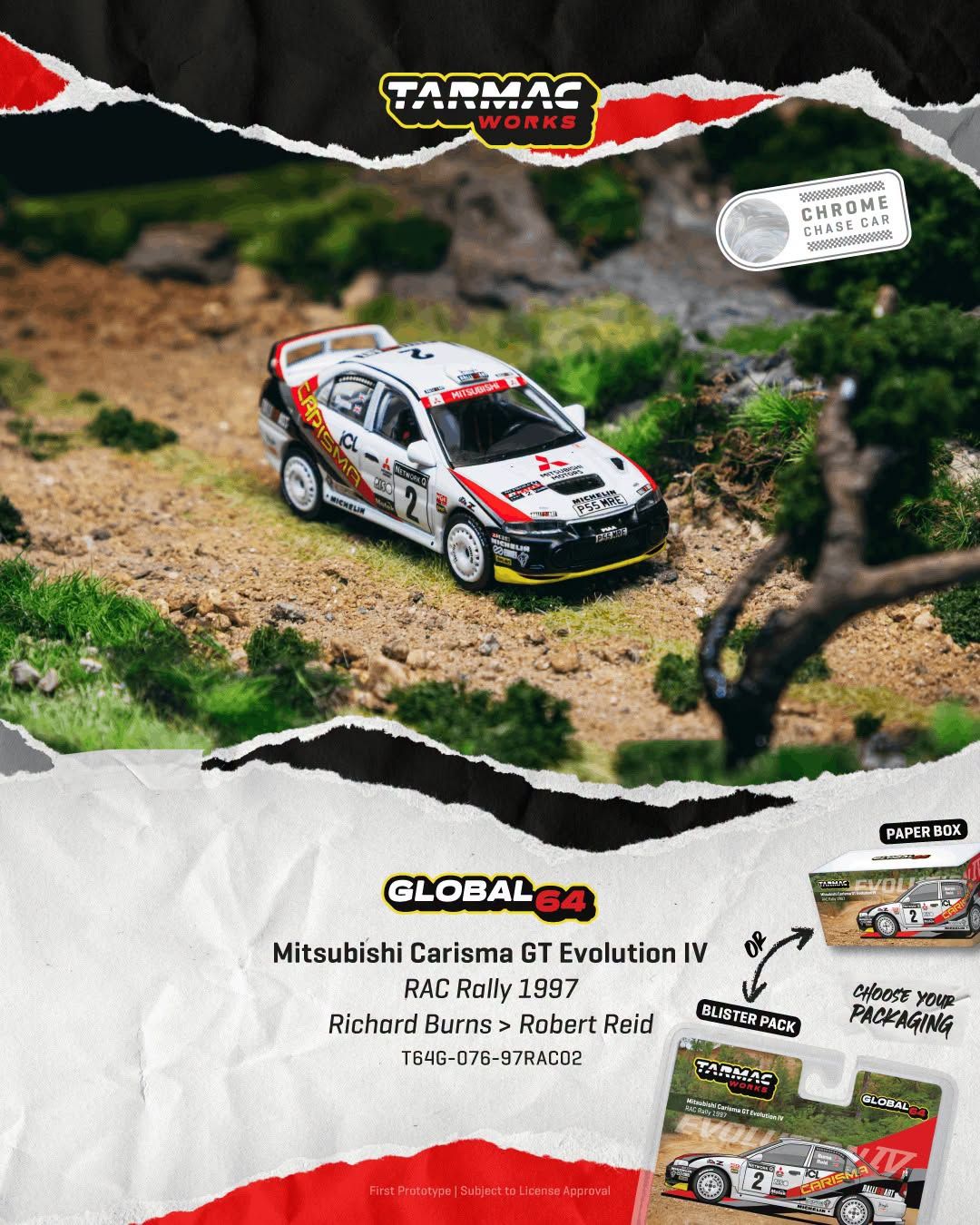 1:64 Tarmac - 1997 Mitsubishi Carisma GT Evo IV #2 Richard Burns RAC Rally *Blister*