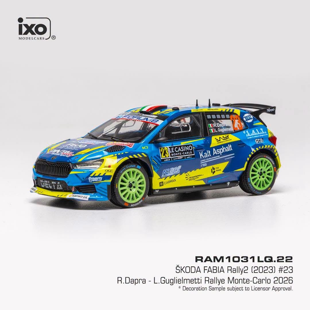 1:43 Ixo - Škoda Fabia Rally2 #23 Rally Monte Carlo 2026 - R. Daprà / L. Guglielmetti 1:43 Ixo - Škoda Fabia Rally2 #23 Rally Monte Carlo 2026 - R. Daprà / L. Guglielmetti
