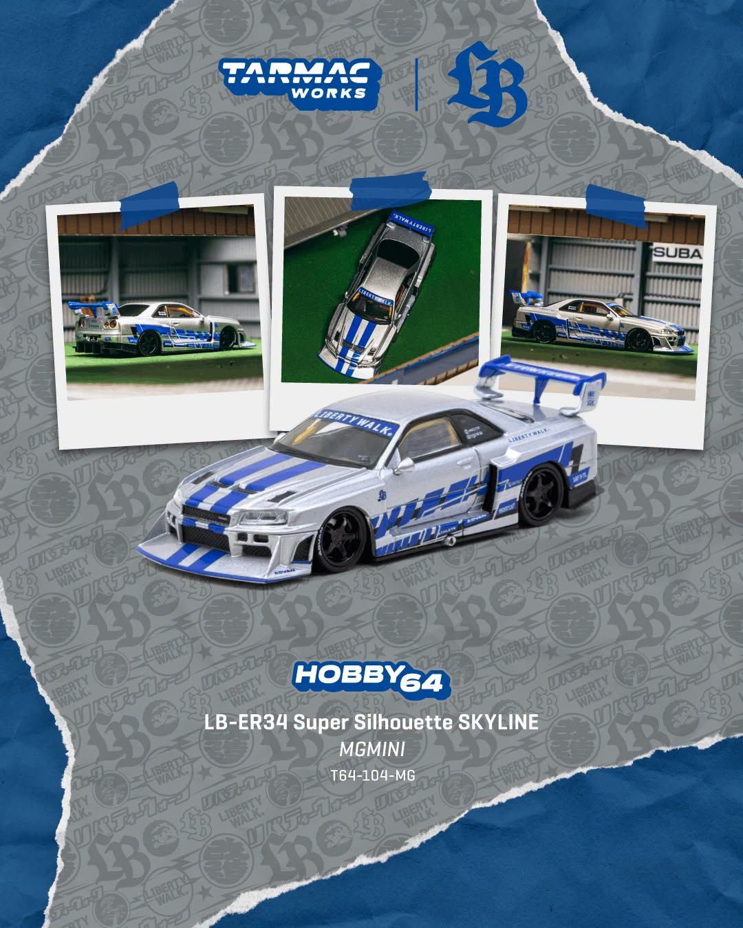 1:64 Tarmac - 2025 Nissan Skyline GTR (ER34) LB Super Silhouette MGMini SEMA Show, silver/blue