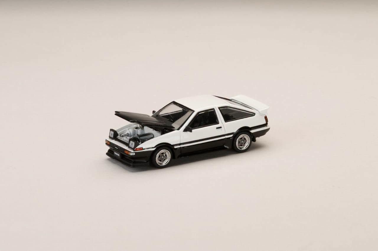 1:64 Hobby Japan - Toyota Sprinter Trueno GT APEX (AE86) Late Ver. JDM Style Carbon Bonnet, white/black