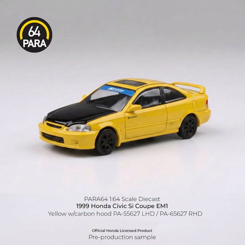 1:64 Para64 - 1999 Honda Civic Coupe EM1, yellow with carbon hood 1:64 Para64 - 1999 Honda Civic Coupe EM1, yellow with carbon hood