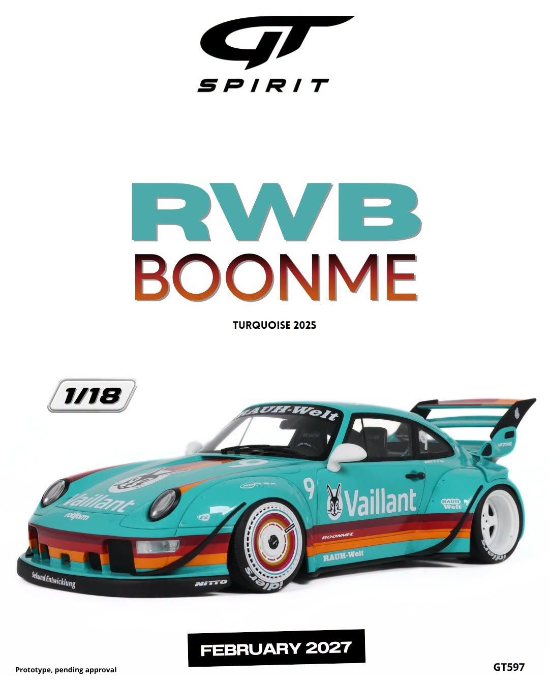 1:18 GT Spirit - 2025 Porsche 911 (993) RWB Rauh-Welt Vaillant #9 Racing Coupé Hellgrün