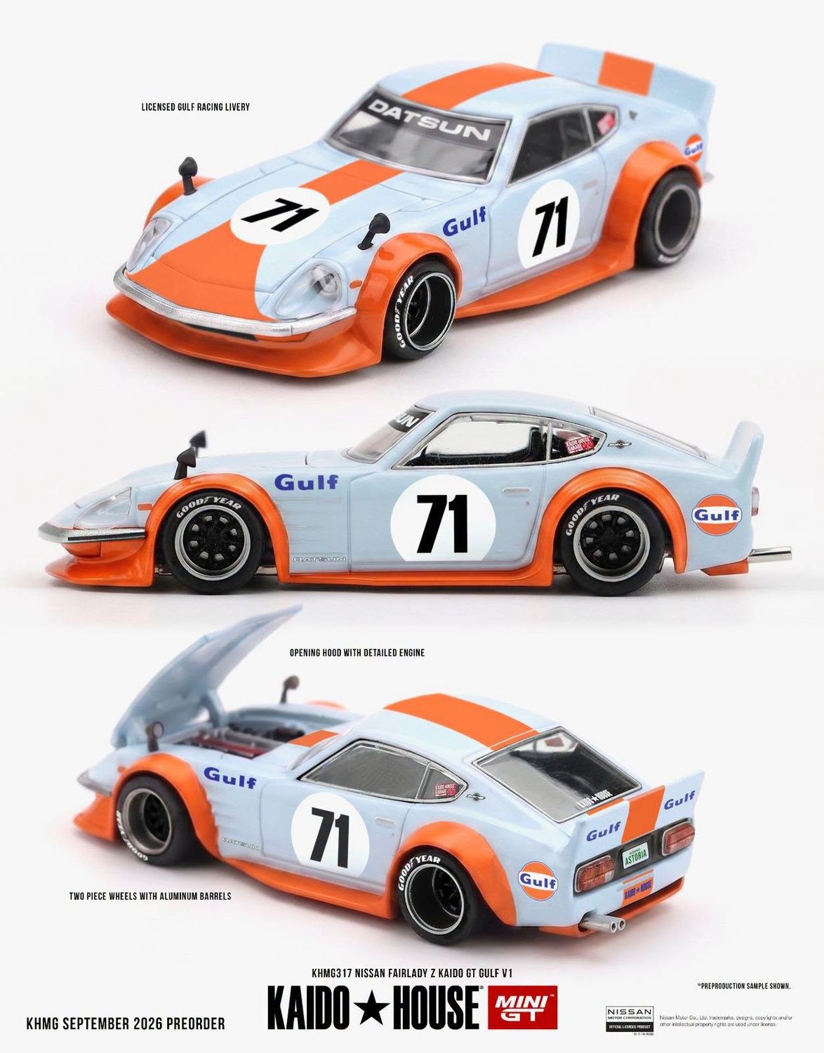 1:64 Mini GT - 1978 Nissan Fairlady Z Kaido GT Gulf V1, blue/orange 1:64 Mini GT - 1978 Nissan Fairlady Z Kaido GT Gulf V1, blue/orange