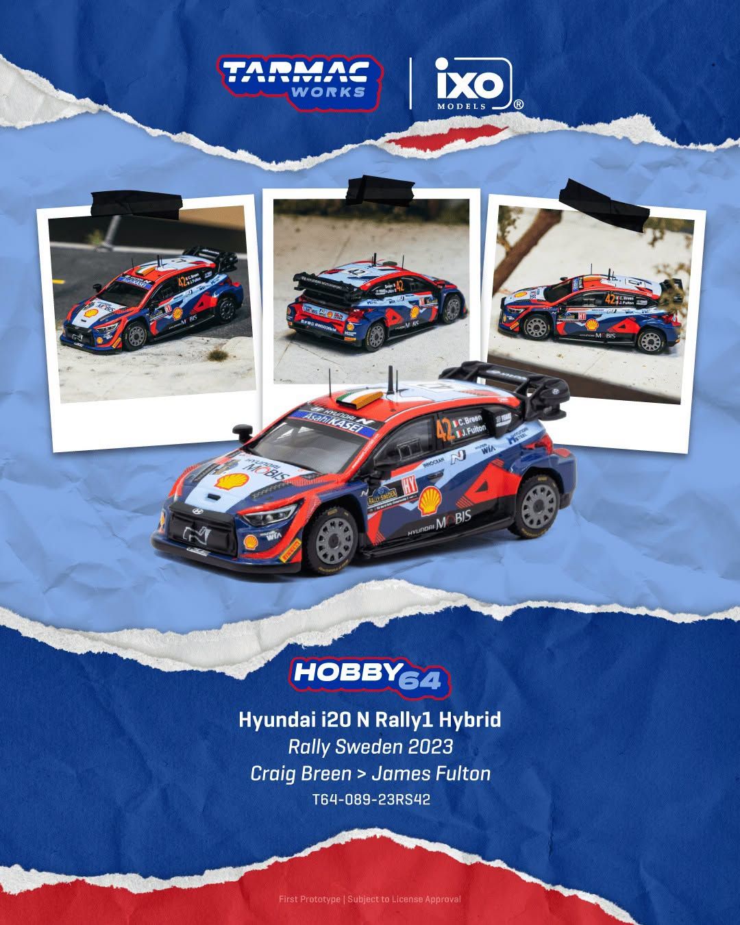 1:64 Tarmac - 2023 Hyundai I20N Rally 1 Hybrid #42 Craig Breen Rally Sweden